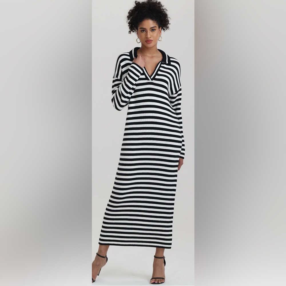 525 Black and White Striped Sweater Dress